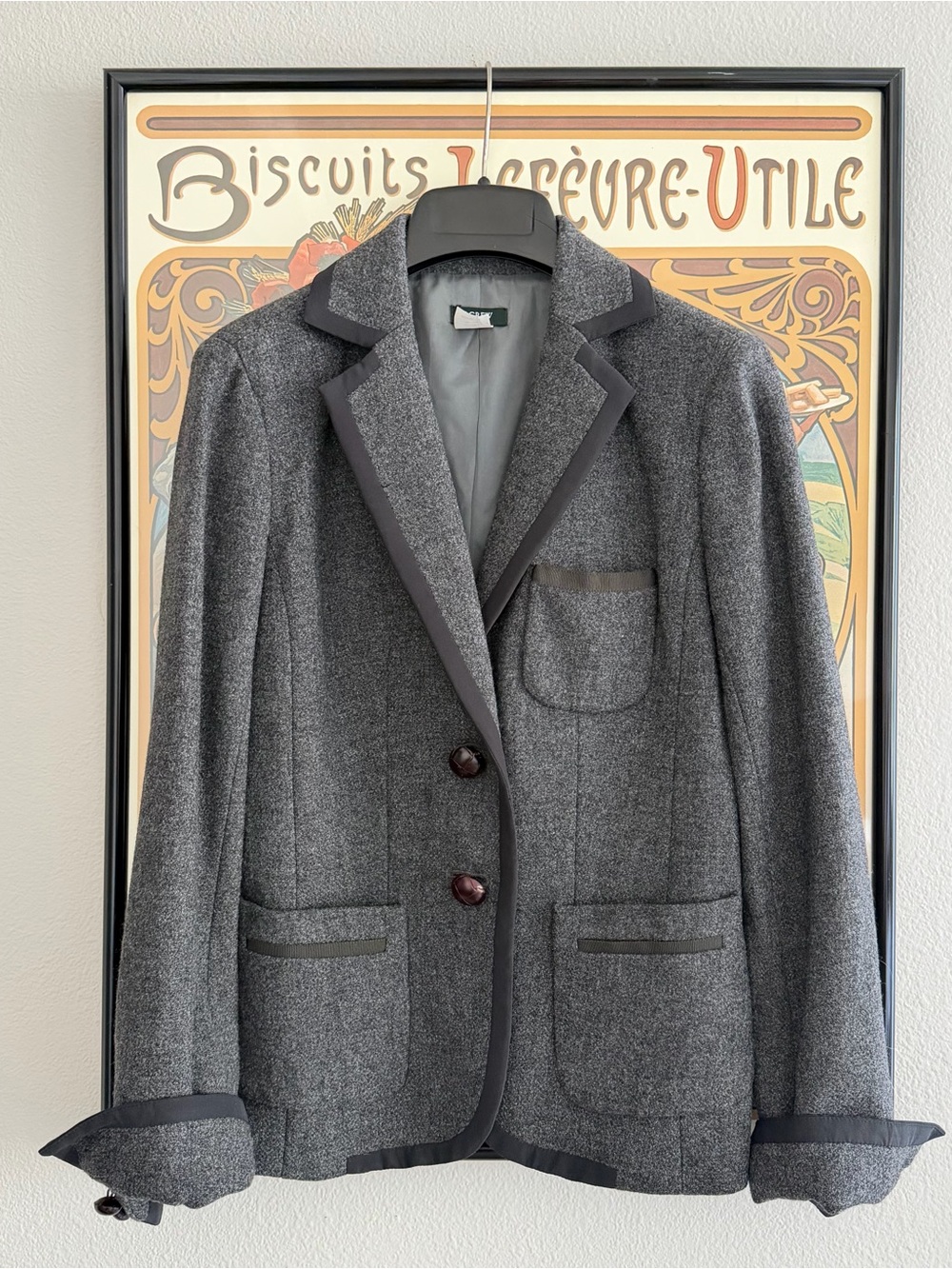 J. Crew Grey Wool Blazer with Black Contrast Trim - 0